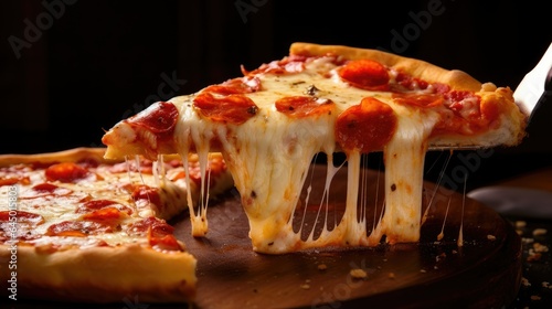 Cheesy Delight: A Golden-Brown Slice of Pizza with Stretching Cheese and Rich Red Tomato Sauce