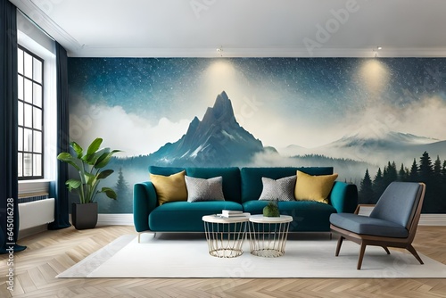 living room fully furnished wall design  with scenary of mountain, painting, piling,sofa,table, and decorated with roof cieling  modernl iving room  photo