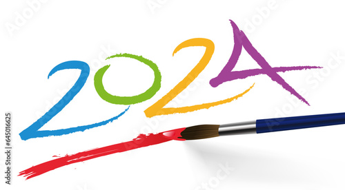 Concept artistique pour une carte de voeux, avec l’année 2024 écrite de différente couleurs avec un pinceau, sur un fond blanc.
 photo