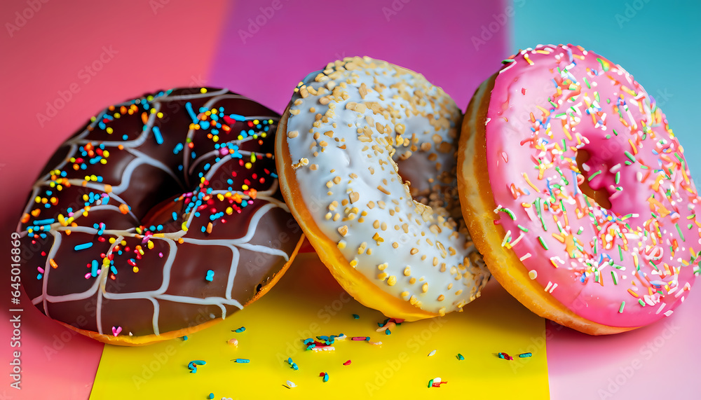 chocolate Assorted round donuts, each with its own sprinkle decoration, pink, white, baked, snack, bakery,
Ai generative 