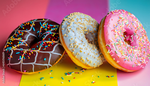 chocolate Assorted round donuts, each with its own sprinkle decoration, pink, white, baked, snack, bakery, Ai generative 