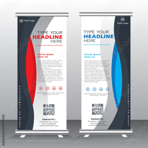 roll-up design template for business, Graphic template roll-up for exhibitions, banner for seminar, layout for placement of photos. Universal stand for conference, promo banner vector,