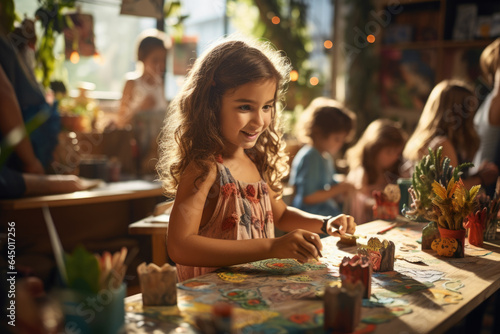 Children engage in art and crafts at a community center, showcasing the importance of creative expression and exploration in daily activities. Generative Ai.