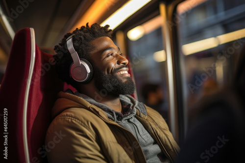 A commuter listens to a podcast while riding a city bus, showcasing the blend of entertainment and education that can be part of daily transit. Generative Ai. © Sebastian