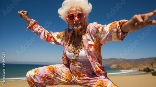 Inspirational 100-year-old lady, vibrant in a colorful bikini, demonstrating yoga pose on an undisturbed beach with a plain background.