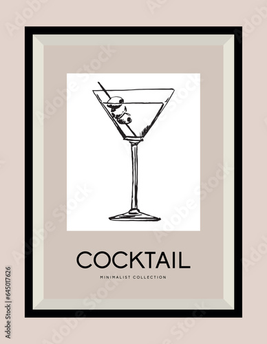Cocktail hand drawn illustration in a poster frame for wall art gallery