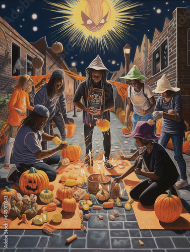 An Illustration of a Group Creating a Halloween Mural with Colorful Chalks on the Sidewalk