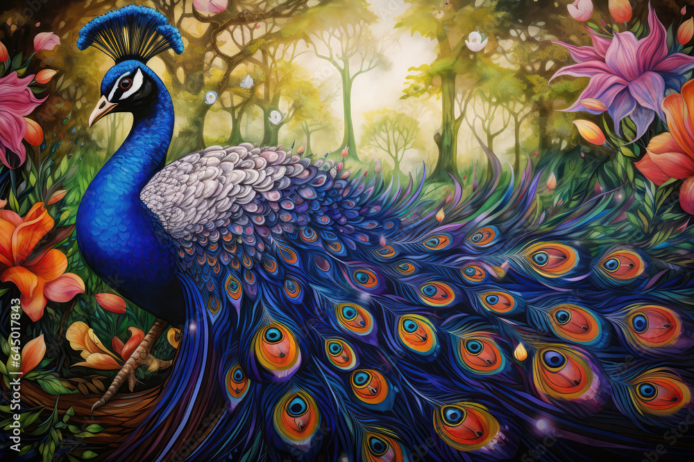 Fototapeta premium Beautiful Peacock Painted With Crayons