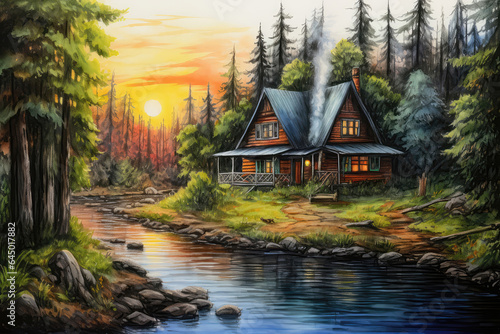 Cozy Cabin In The Woods Painted With Crayons