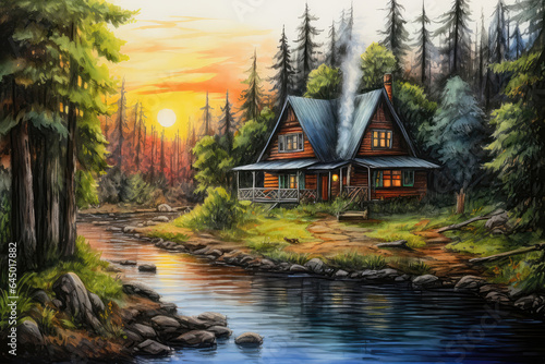 Wallpaper Mural Cozy Cabin In The Woods Painted With Crayons Torontodigital.ca