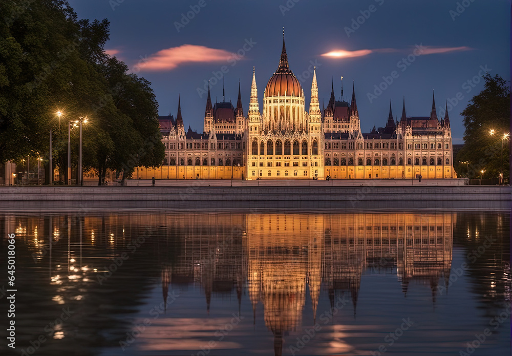 Parliament Building at Sunset, Budapest, Hungary - Created with Generative AI Technology