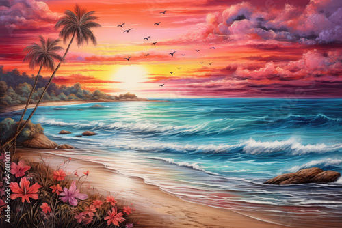 Serene Beach At Sunset Painted With Crayons . Сoncept Peaceful Sunsets, Creative Art Expression, Beach Landscapes, Drawing With Crayons