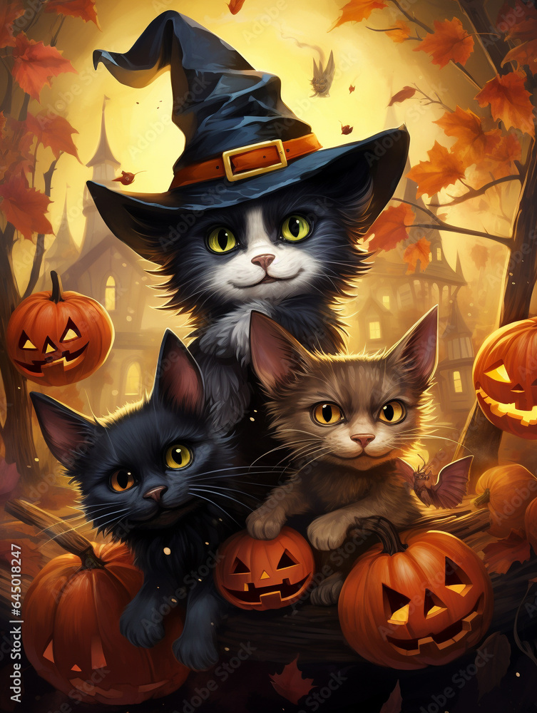 An Illustration of Pets Getting in on the Fun, with a Dog Dressed as a Bat and a Cat as a Witch An Illustration of Pets Getting in on the Fun, with a Dog Dressed as a Bat and a Cat as a Witch