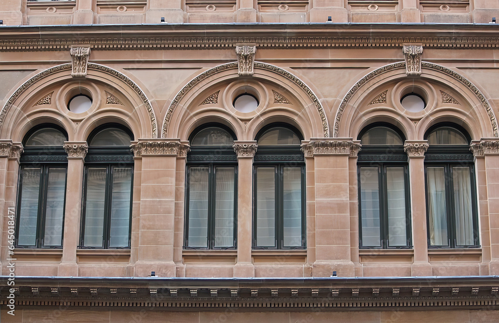 Arched windows of the heritage-listed sandstone General Post Office, Sydney. Victorian Italian Renaissance Style.  Now owned by Far East Organisation.
