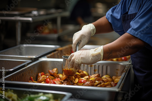 A close-up photograph focuses on a person's hands as they prepare a meal in a restaurant kitchen, highlighting the hospitality and culinary sectors that remain active on Labor Day. Generative Ai.
