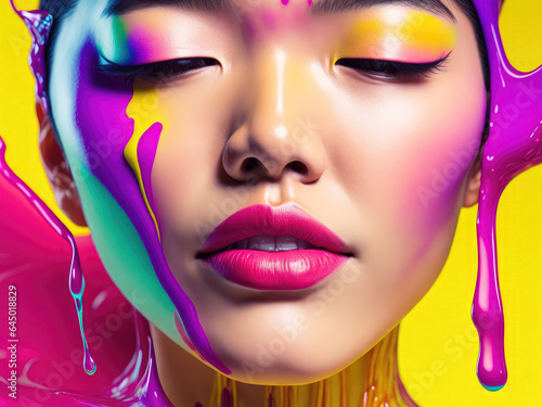 Beautiful model s face covered in bright and vibrant paint  beauty and fashion concept. Generative AI  AI.