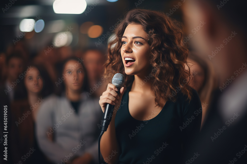 Young woman engaged in a public speaking event, filled with emotion and feelings Young woman engaged in a public speaking event, filled with emotion and feelings
