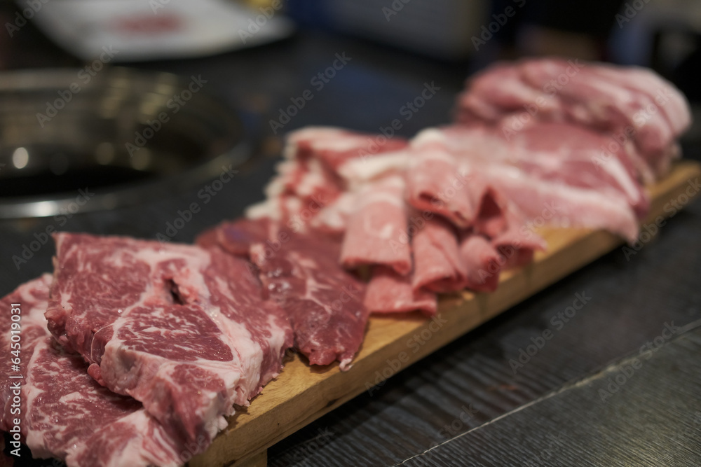 Rare beef and pork, prepared for Korean Style Barbecue Rare beef and pork, prepared for Korean Style Barbecue