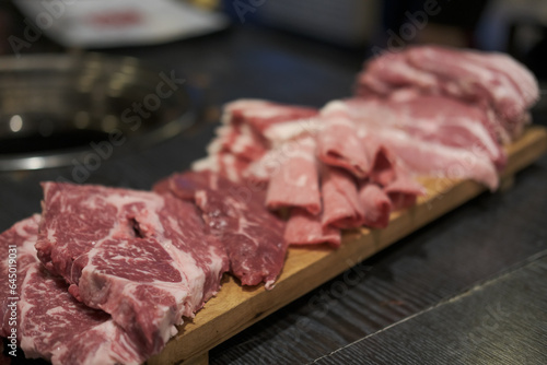 Rare beef and pork, prepared for Korean Style Barbecue