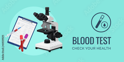 Blood test and diagnosis: microscope, blood samples and medical records