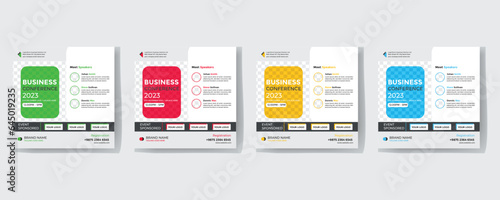 Business webinar invitation design. Webinar and business conference social media post template. Online webinar social media post template. Business conference banner template. Online live webinar.