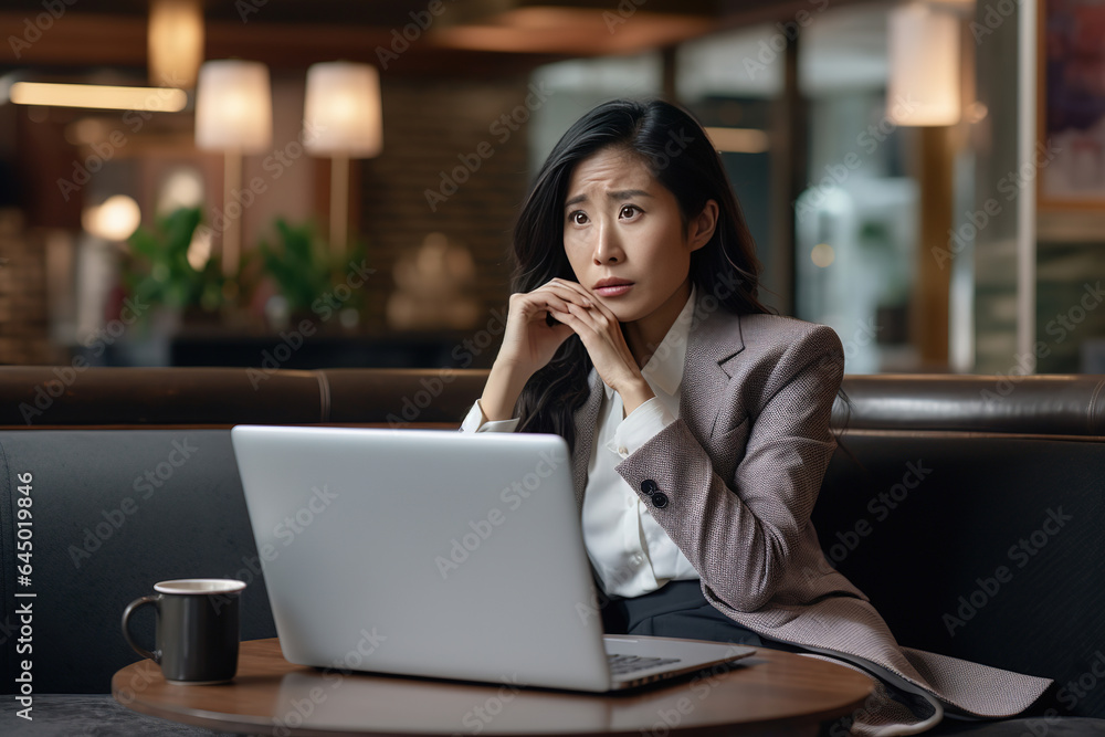 Worried asian america business woman in a hotel lobby, using his laptop to review finances trying to dodge an economic downturn. Concept of concern over the recession Worried asian america business woman in a hotel lobby, using his laptop to review finances trying to dodge an economic downturn. Concept of concern over the recession