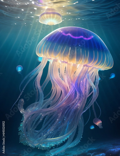 Jellyfish with iridescent glow, sun rays piercing through the sea water, at the bottom of the sea, very glowy jellyfish, holographic, rainbow colors