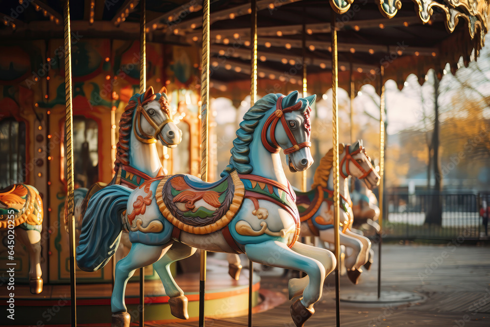 Children's Carousel With Horses In Amusement Park
