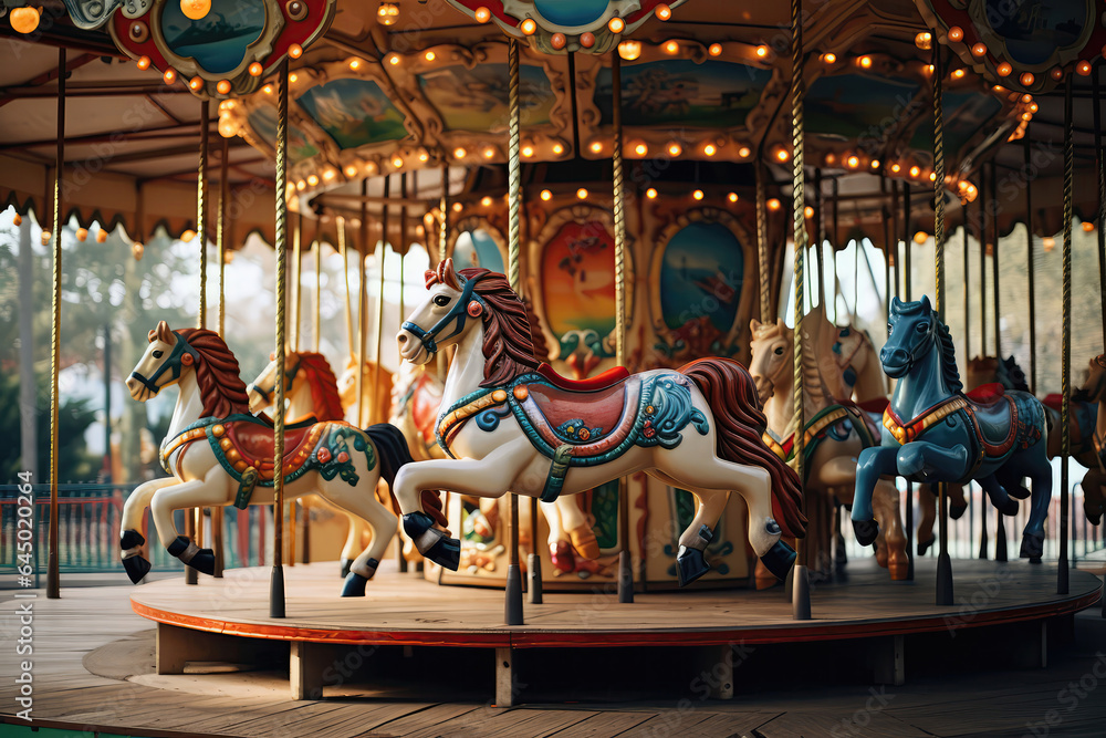Children's Carousel With Horses In Amusement Park . Сoncept Magical Childhood Memories, Thrilling Carousel Rides, Horses In Amusement Parks, Fun For All Ages