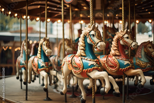 Children's Carousel With Horses In Amusement Park © Anastasiia