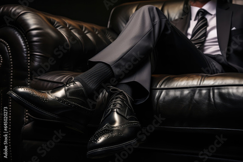 Close Up Of Business Man's Legs In Shoes Hanging From Black Leather Sofa