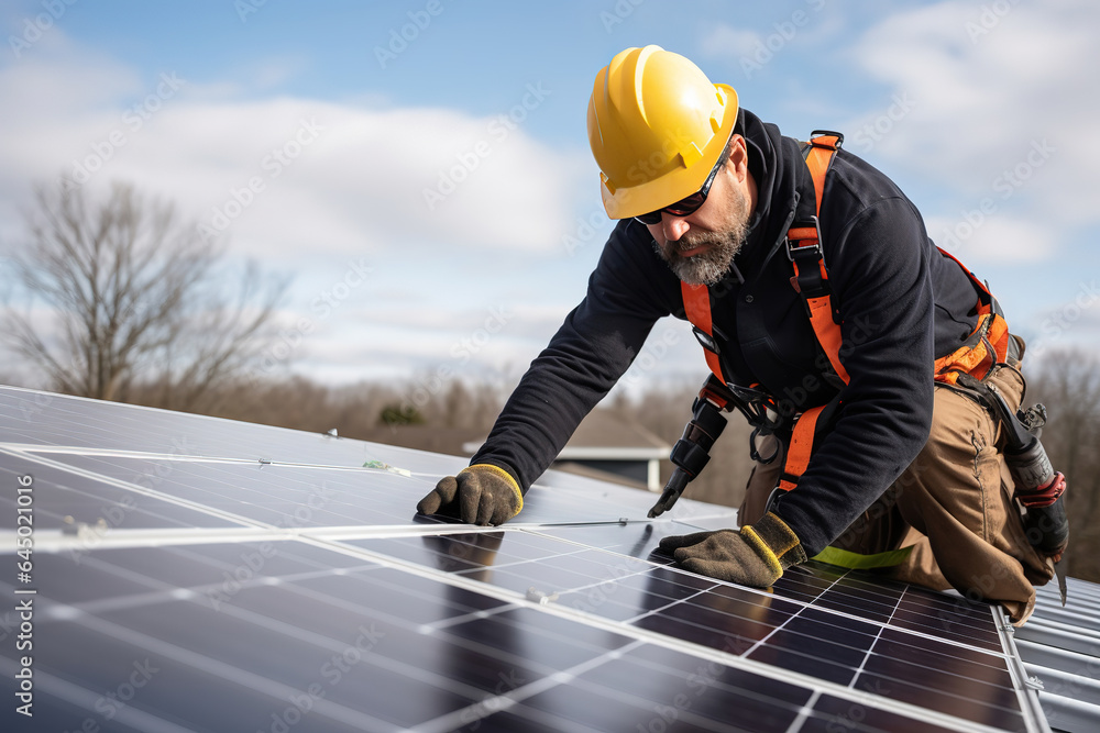 Solar power consultant expert on a roof installing solar panels. Switch to Green Energy - obrazy, fototapety, plakaty 
