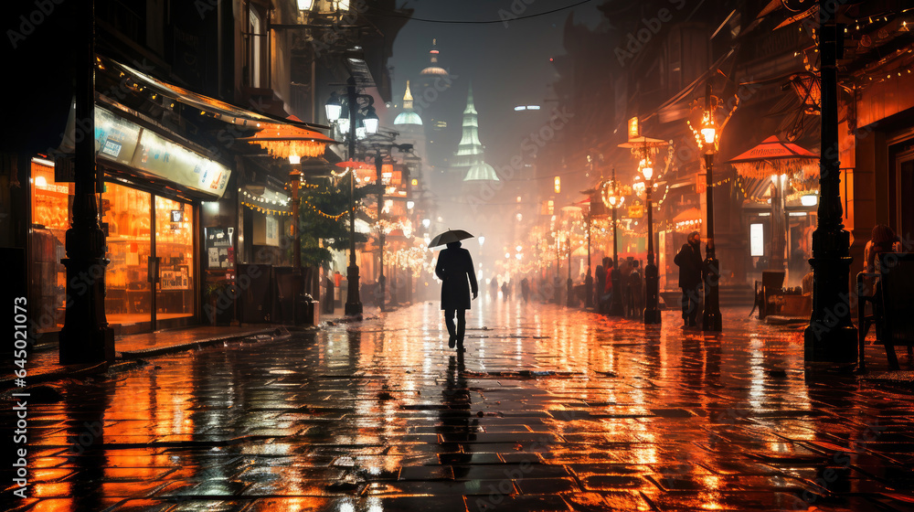 Urban reflection: person under umbrella in rainy street.

