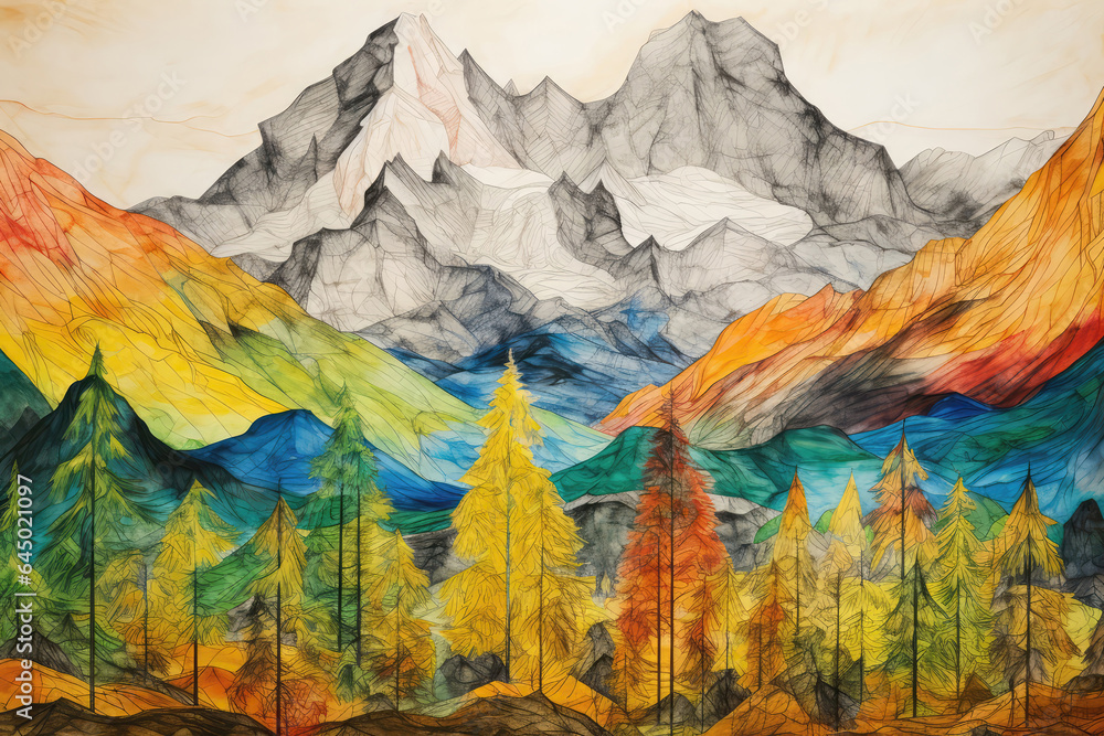 Mountain Landscape Painted With Crayons