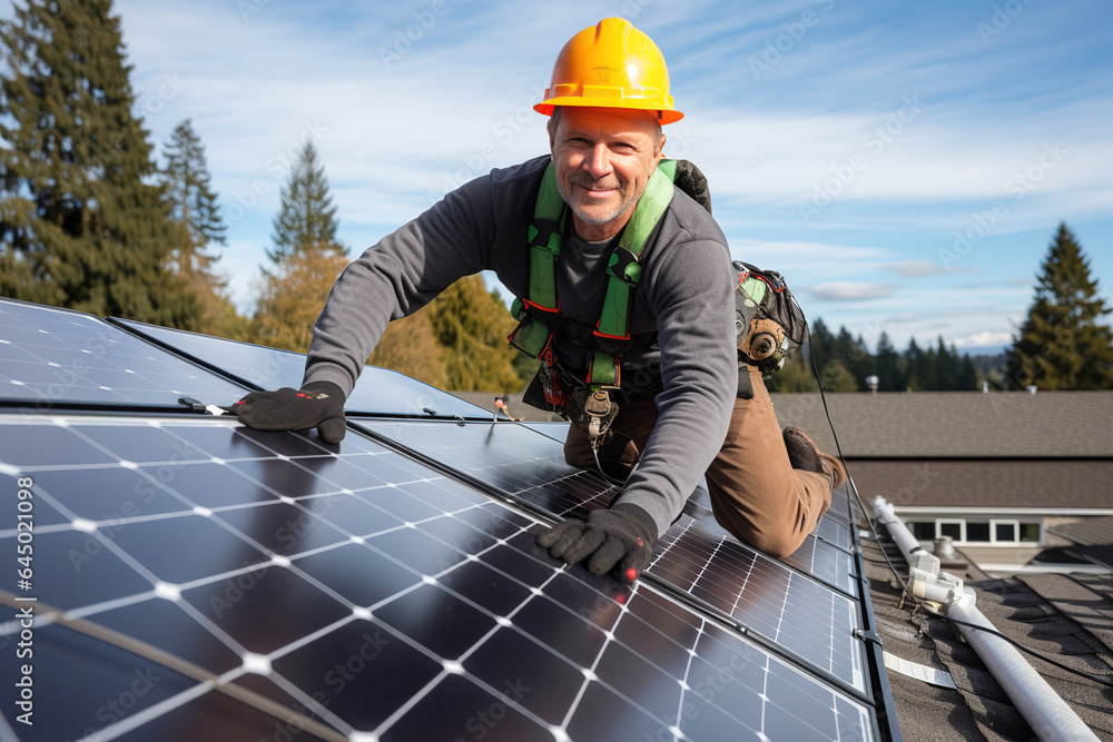 Solar power consultant expert on a roof installing solar panels. Switch to Green Energy Solar power consultant expert on a roof installing solar panels. Switch to Green Energy