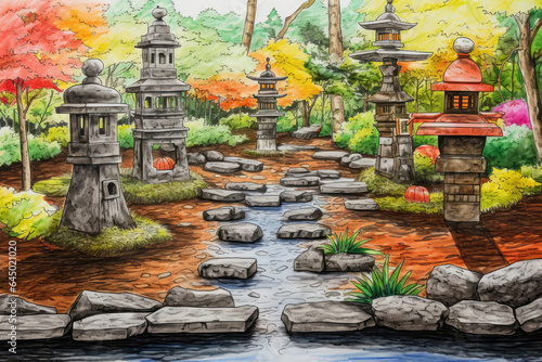 Zen Garden With Stone Lanterns Painted With Crayons. Сoncept Crayon Paintings For Stone Lanterns, Zen Garden Design Ideas, Peaceful Landscaping Techniques, Creating Garden Art With Crayons