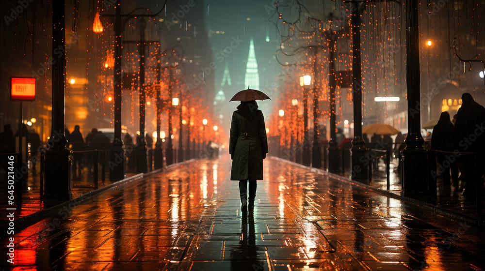 Urban solitude: lone person navigates rainy city night holding an umbrella.

