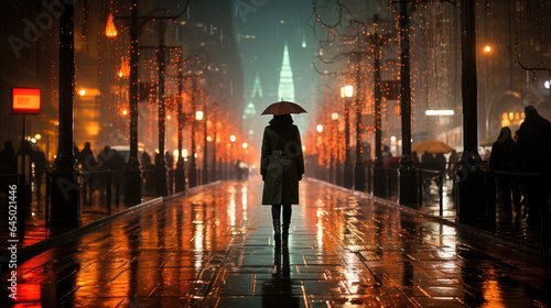 Urban solitude: lone person navigates rainy city night holding an umbrella. 