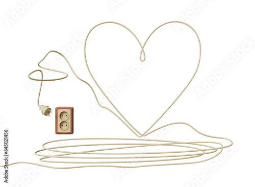 3D outlets with plug, save energy power consumption concept.Plastic double socket and heart shape wire, european safe jack and cable. Realistic elements on a white background.3D Rendering illustration photo