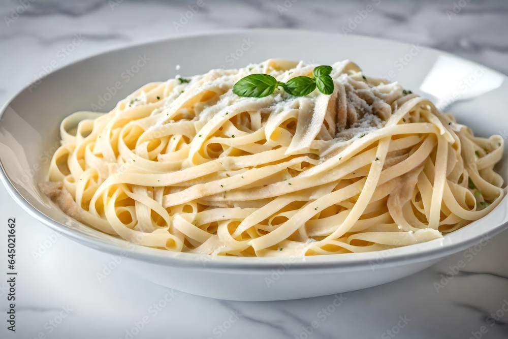 A rendered picture of a creamy fettuccine Alfredo with freshly grated Parmesan.