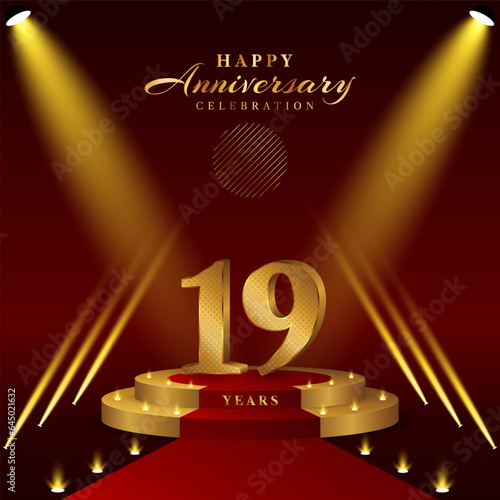 19th anniversary logo with numbers and podium in gold color, logo design for celebration event, invitation, greeting card, banner, poster, and flyer, vector template