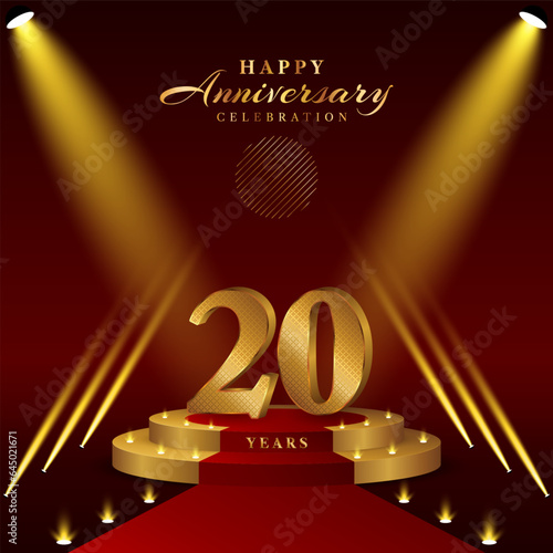 20th anniversary logo with numbers and podium in gold color, logo design for celebration event, invitation, greeting card, banner, poster, and flyer, vector template
