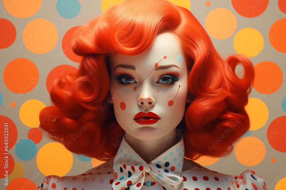Pretty woman portrait wearing a cute polka dot shirt and red hair with polka dot makeup Pretty woman portrait wearing a cute polka dot shirt and red hair with polka dot makeup