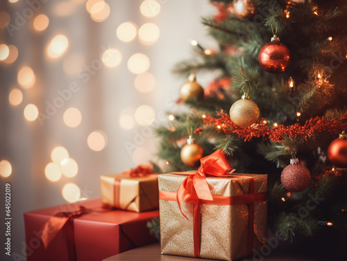 Beautiful Christmas tree with presents. © Lina