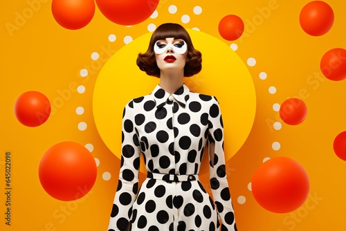 Pretty woman model wearing a cute black and white color polka dot colorful fashion outfit © Tarun