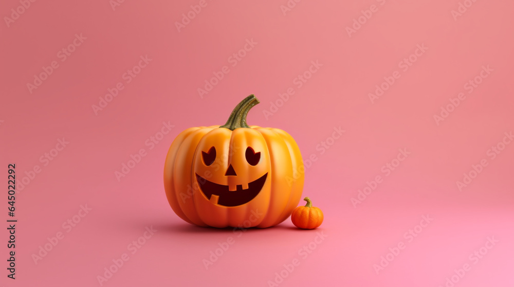 Fototapeta premium Halloween pumpkin with happy face on minimal pink background