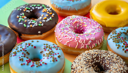 donuts with icing, Round donuts, each with a unique sprinkle pattern, bakery, glazed, unhealthy, round, Ai generative 