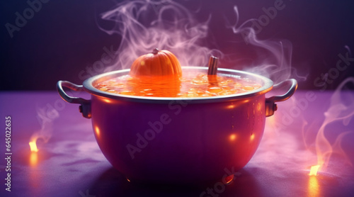 Orange pumpkin is cooked in a purple cauldron in the water