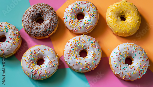 donuts with sprinkles, A delightful assortment of round donuts, bakery, colorful, unhealthy, Ai generative 