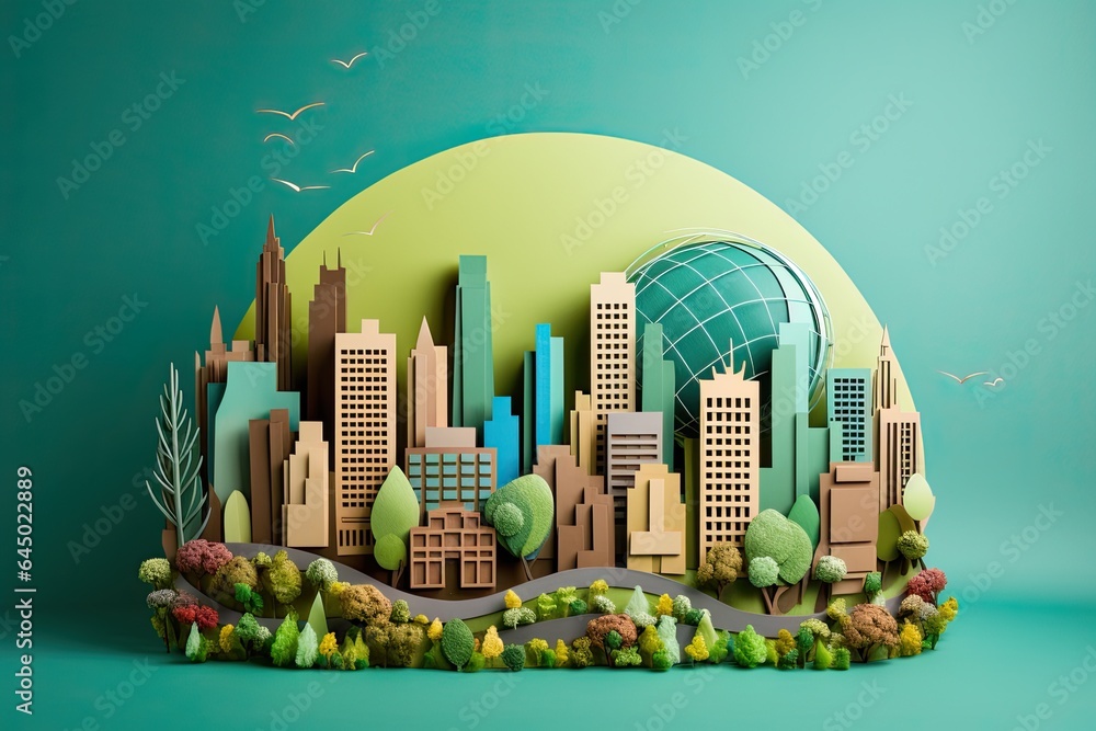 Eco friendly city concept in a beautiful paper cut style design. Green ...
